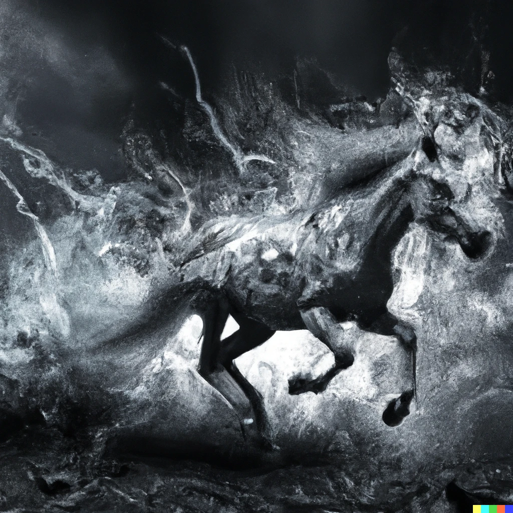 Prompt: A majestic horse with long metallic fur running through a war zone