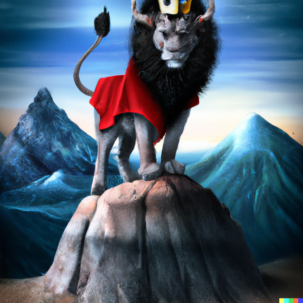 Prompt: A majestic Lion wearing a crown, standing on top of a mountain, dressed as a devil.