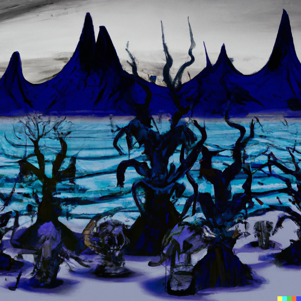 Prompt: A blue desert with trees made from skulls. A lake of crude oil in the foreground and the sky on fire behind dark mountains in the background