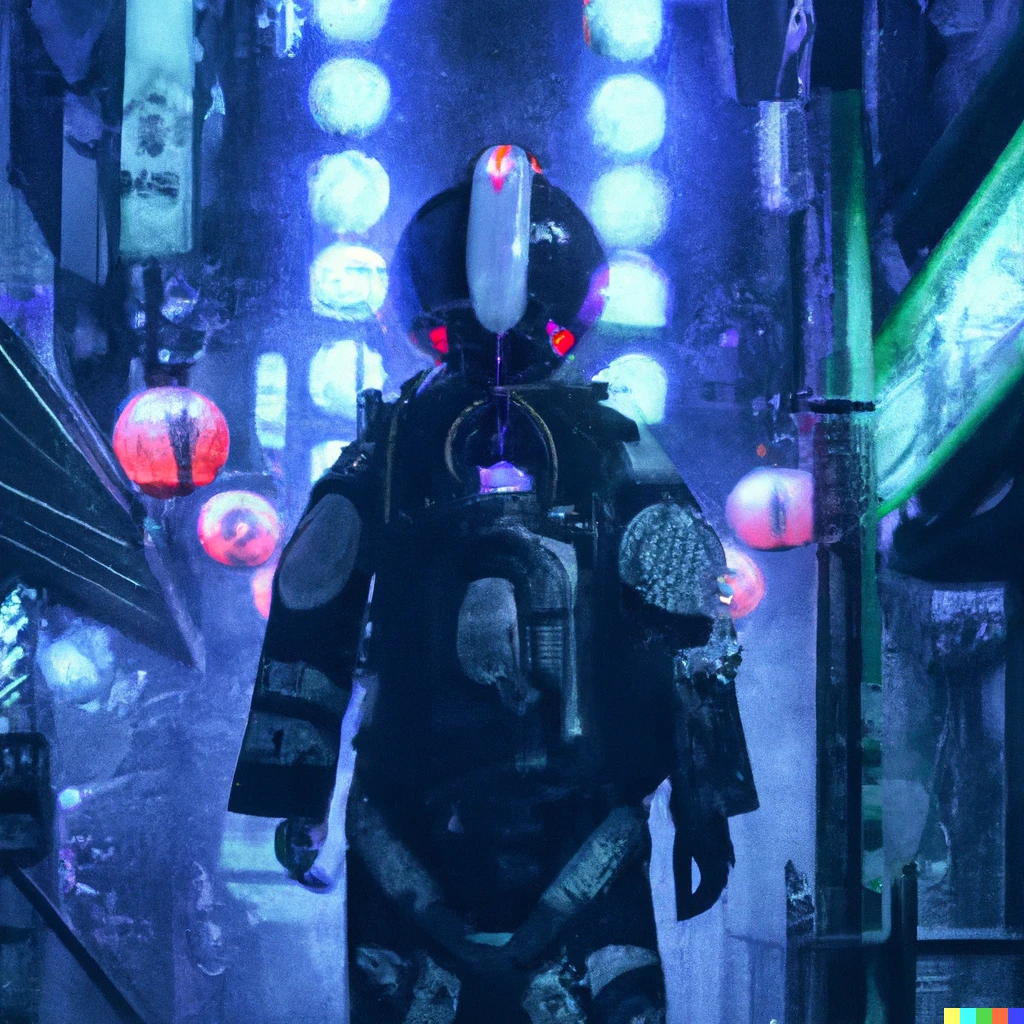 Prompt: An astronaut dressed as a geisha, wearing a glowing, neon kimono, on the dark crowded streets of tokyo, in the rain. cyberpunk