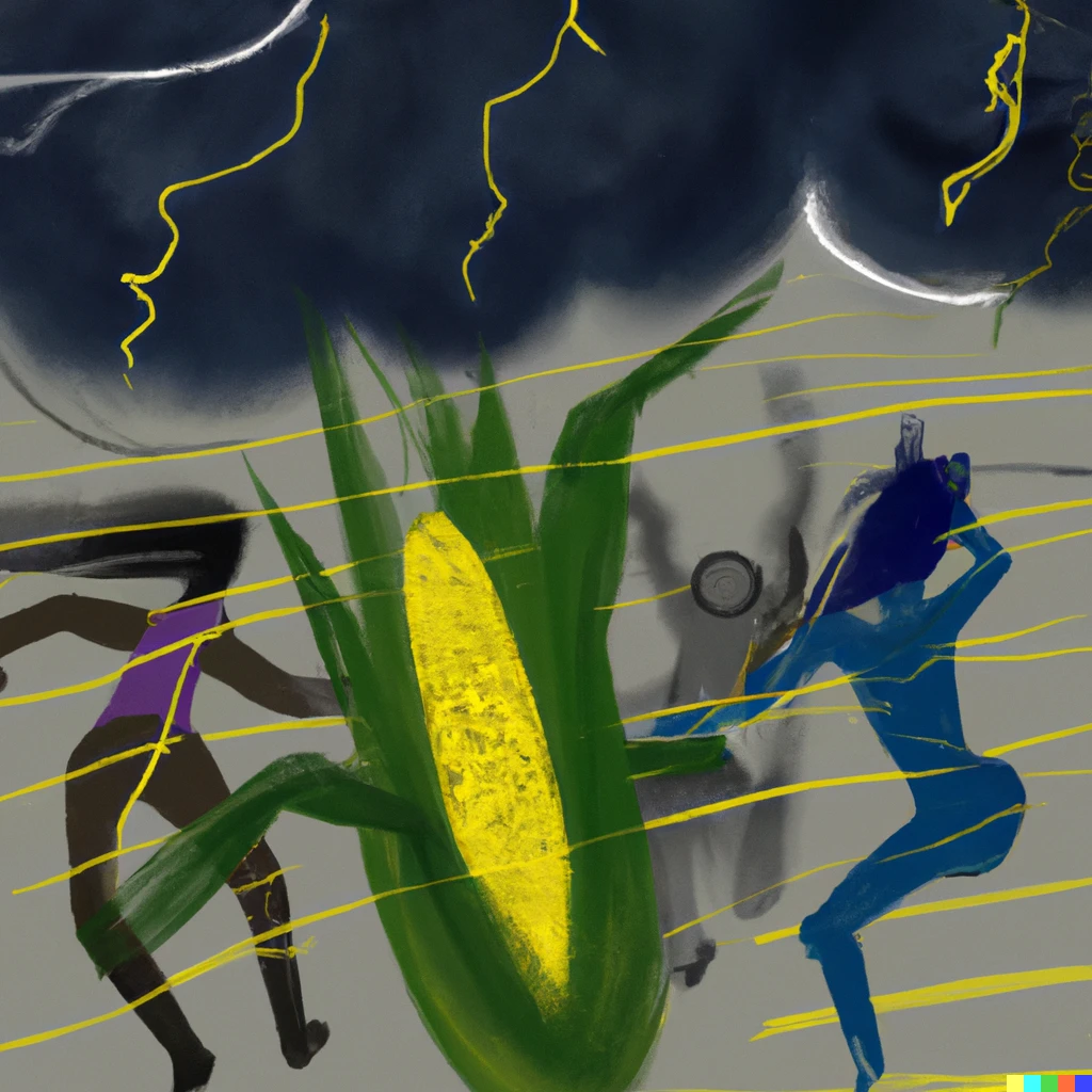 Prompt: A human body being carried by a thunderstorm in a corn plantantiob at the night while a group of people are dancing at the corner, the best art style as possible