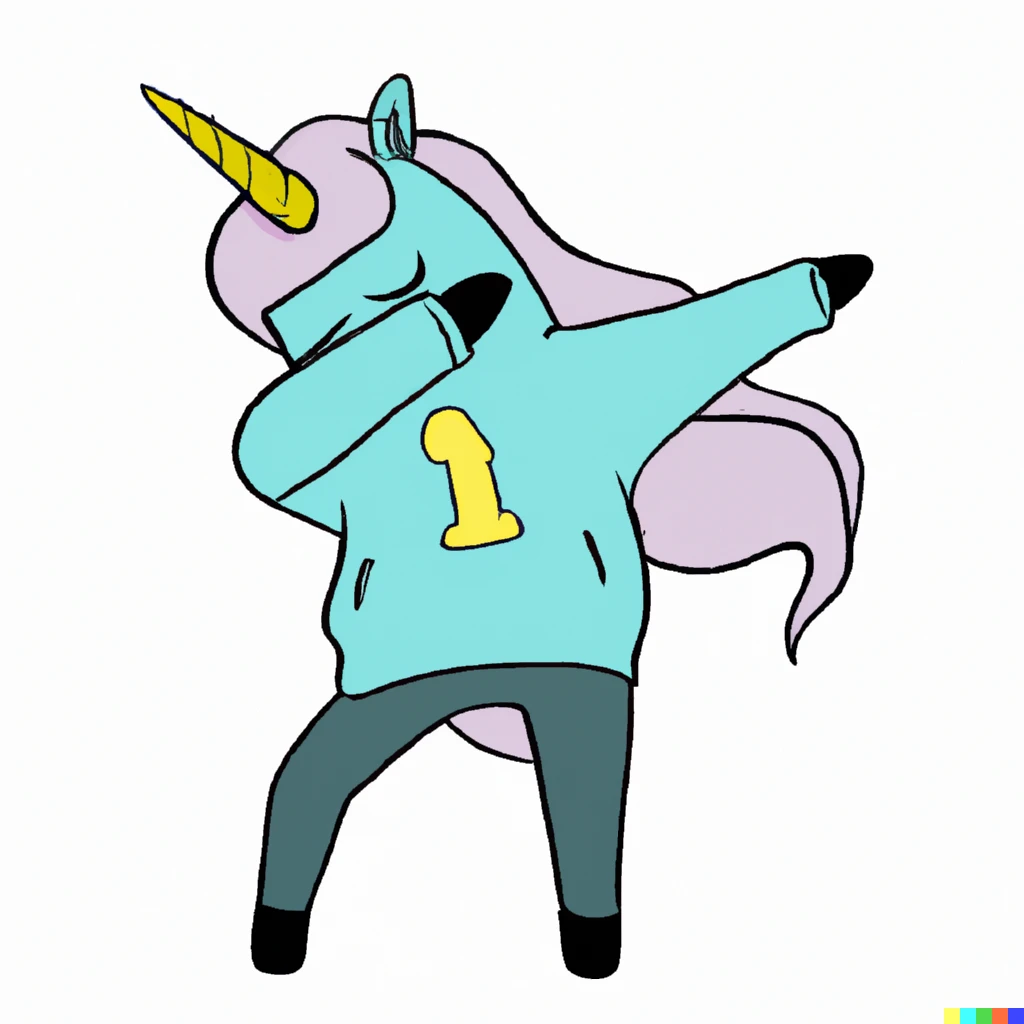 Prompt: A unicorn in a hoodie and pants dabbing