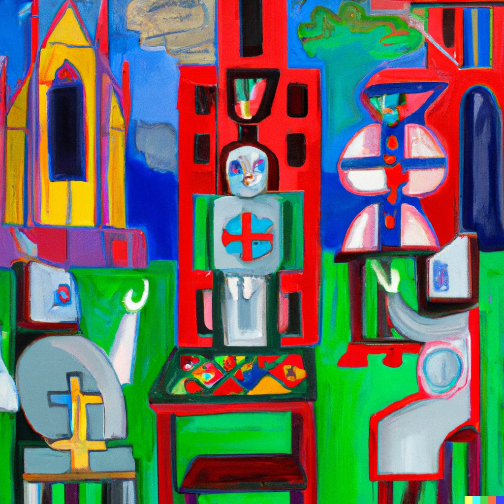 Prompt: oil painting matisse style of renacentist robots playing a board game in front of a catholic church