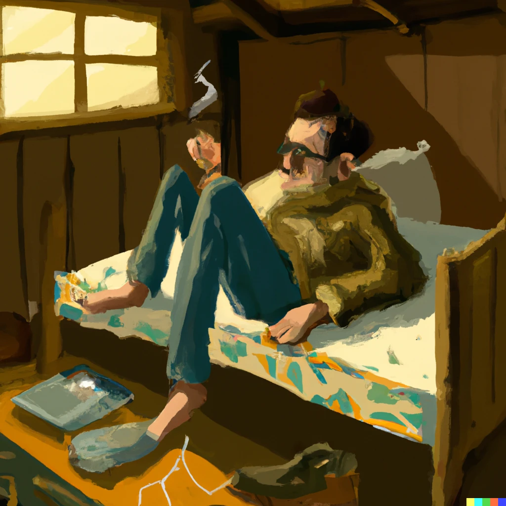 Prompt: A beatnik smoking a cigarette while nodded out dreaming on a matress on the floor of an cabin on mount Shasta CA, imagined by Pixar Studios, Digital art 