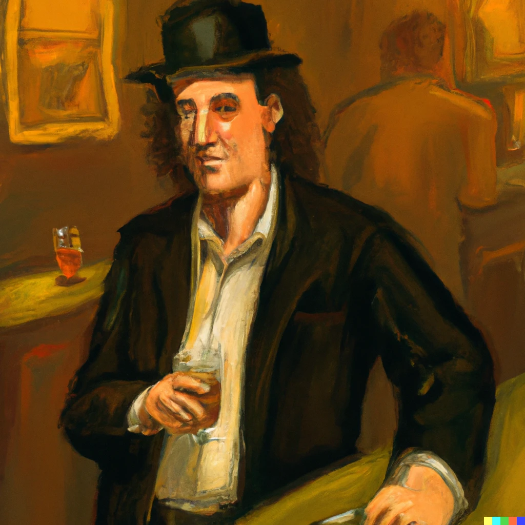 Prompt: Steven Wright having a whiskey at a bar in a painting 
