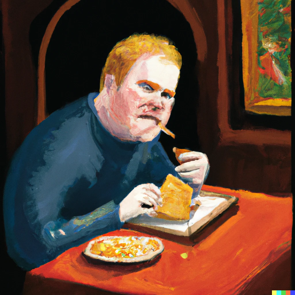 Prompt: Jim Gaffigan eating a hot pocket in a painting 