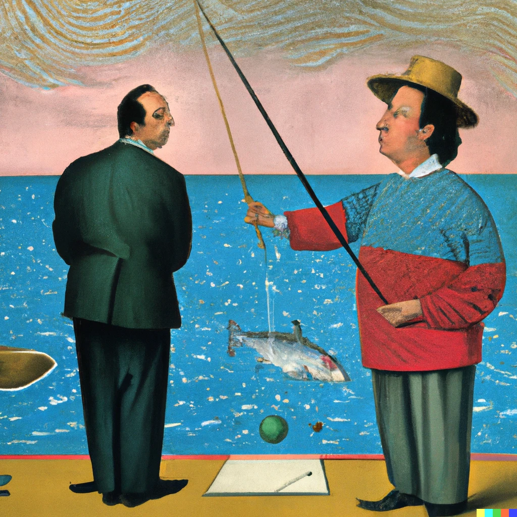 Prompt: Steven Wright fishing with Salvador Dali who is fishing with a dotted line