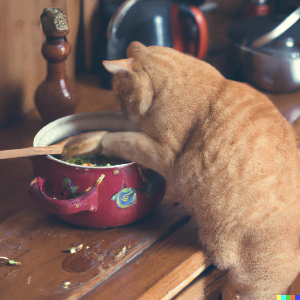 Prompt: Photo of Ginger cat making a big soup