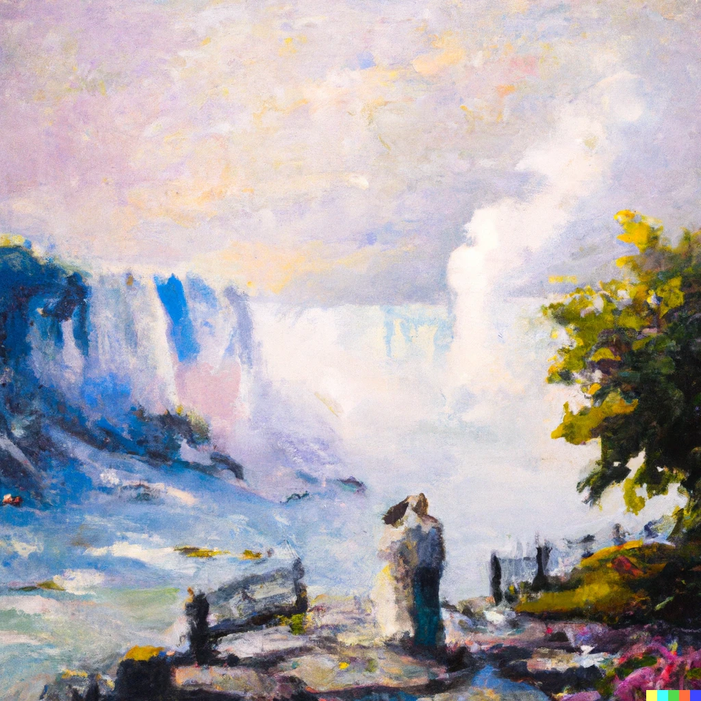 Prompt: A couple at The niagara falls in the background, Monet