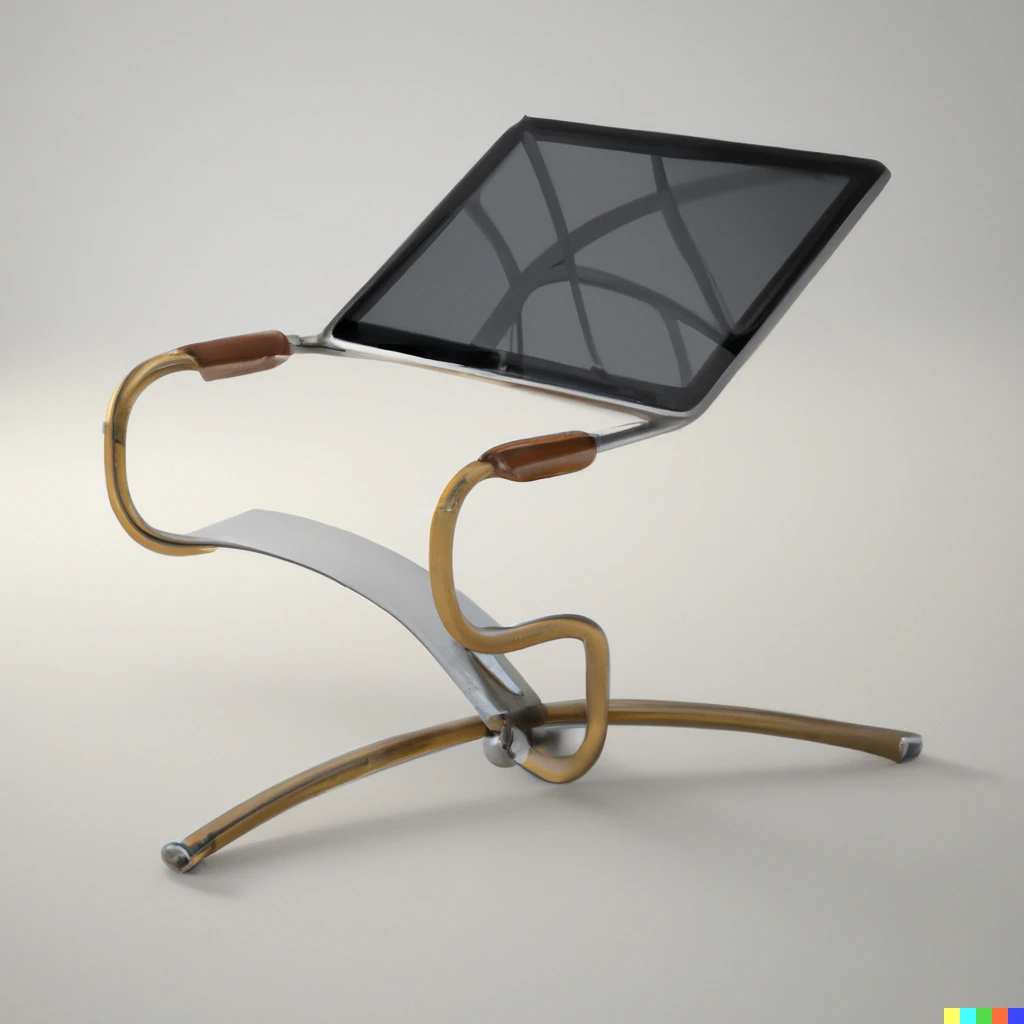 Prompt: ipad stand in the style of a modernist armchair, 3d render