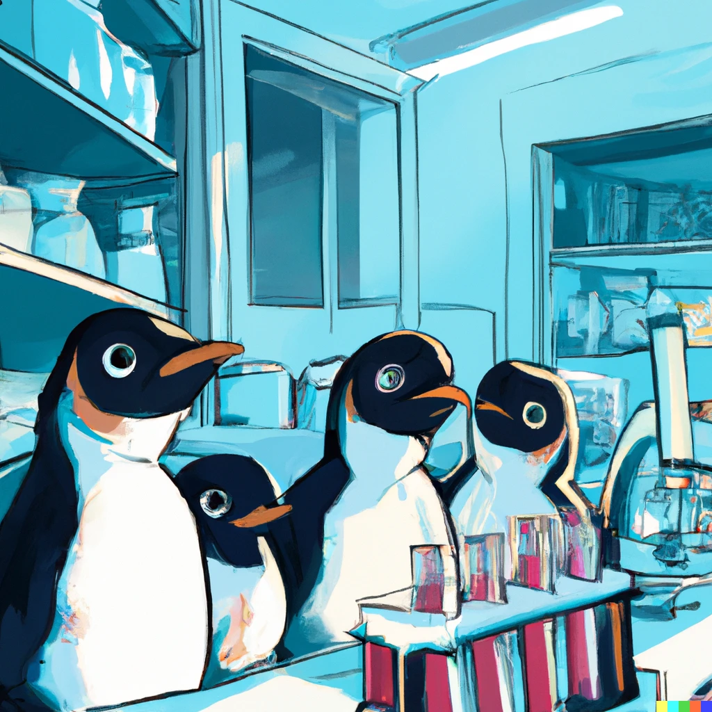Prompt: Digital art of penguins in a science lab