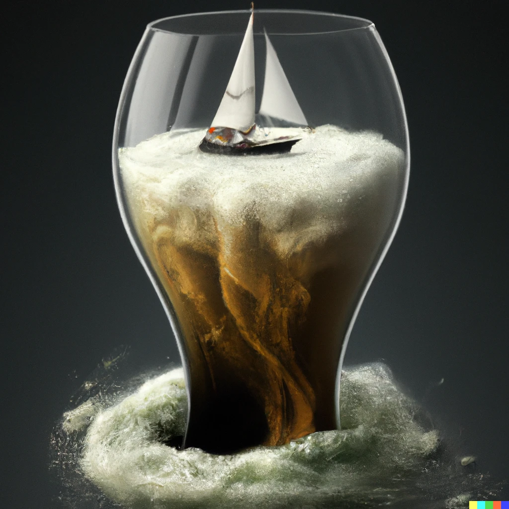 Prompt: A small boat navigating inside a huge glass of Guinness, digital art 