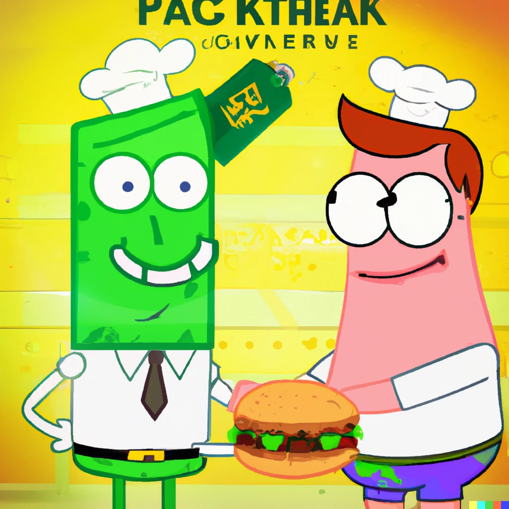 Prompt: With Patrick's help, Mr. Plankton and Morty finally steal the secret of Krabby Patty burger in bikini bottom.
