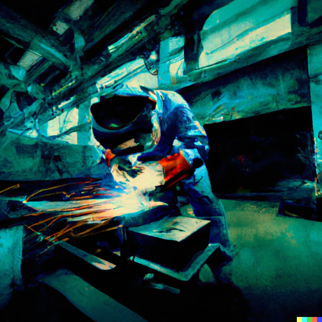 Prompt: Welder working in a factory, hard work atmosphere, ultra realiatic digital painting, high details