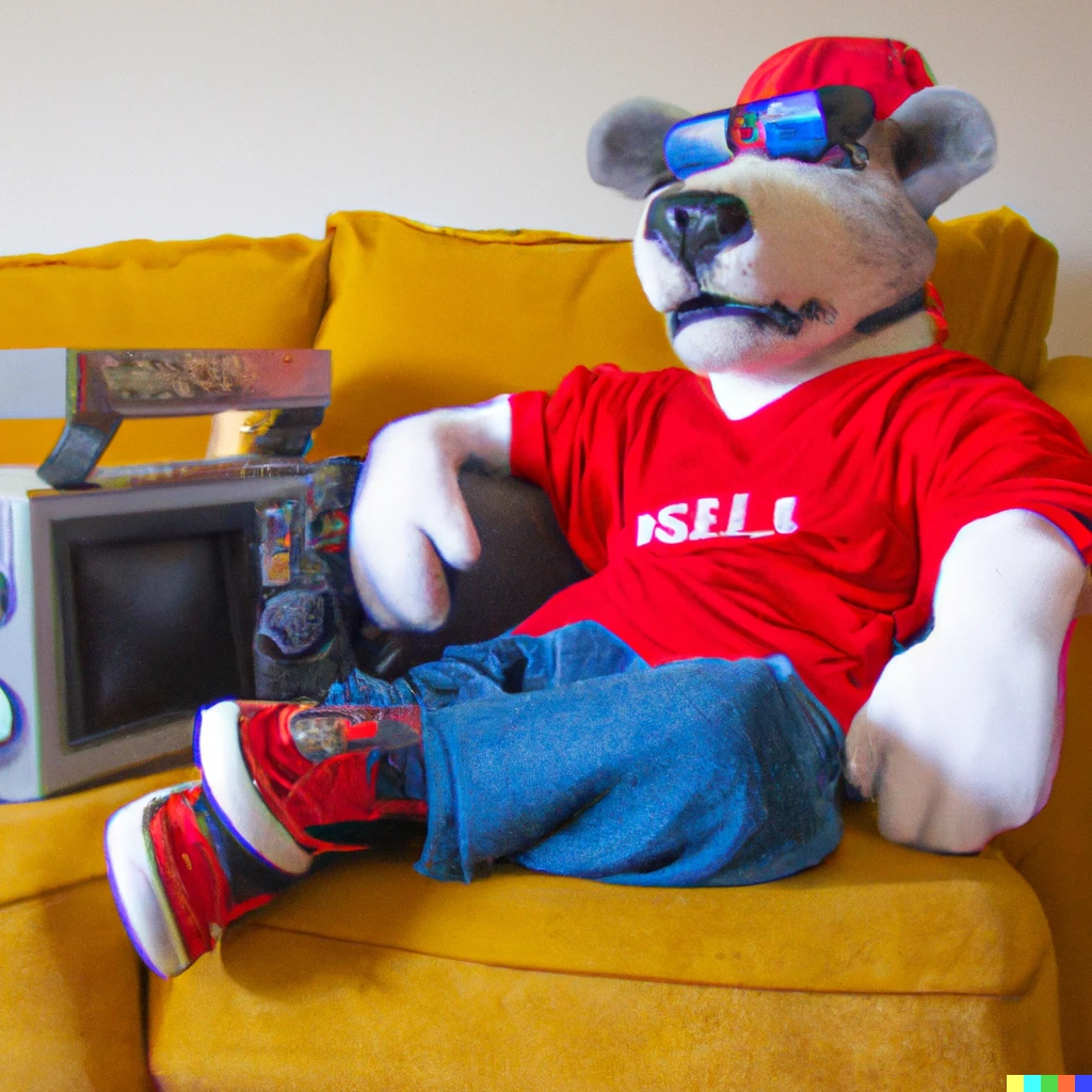 Prompt: A bear dressed in 90’s clothing watching movies in a lounge room