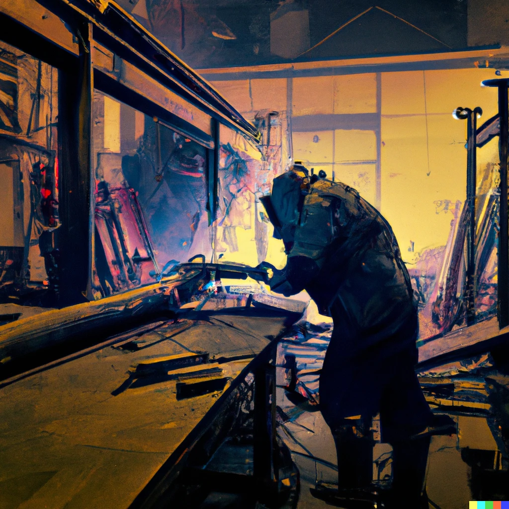 Prompt: Welder working in a factory, hard work atmosphere, ultra realiatic digital painting, high details