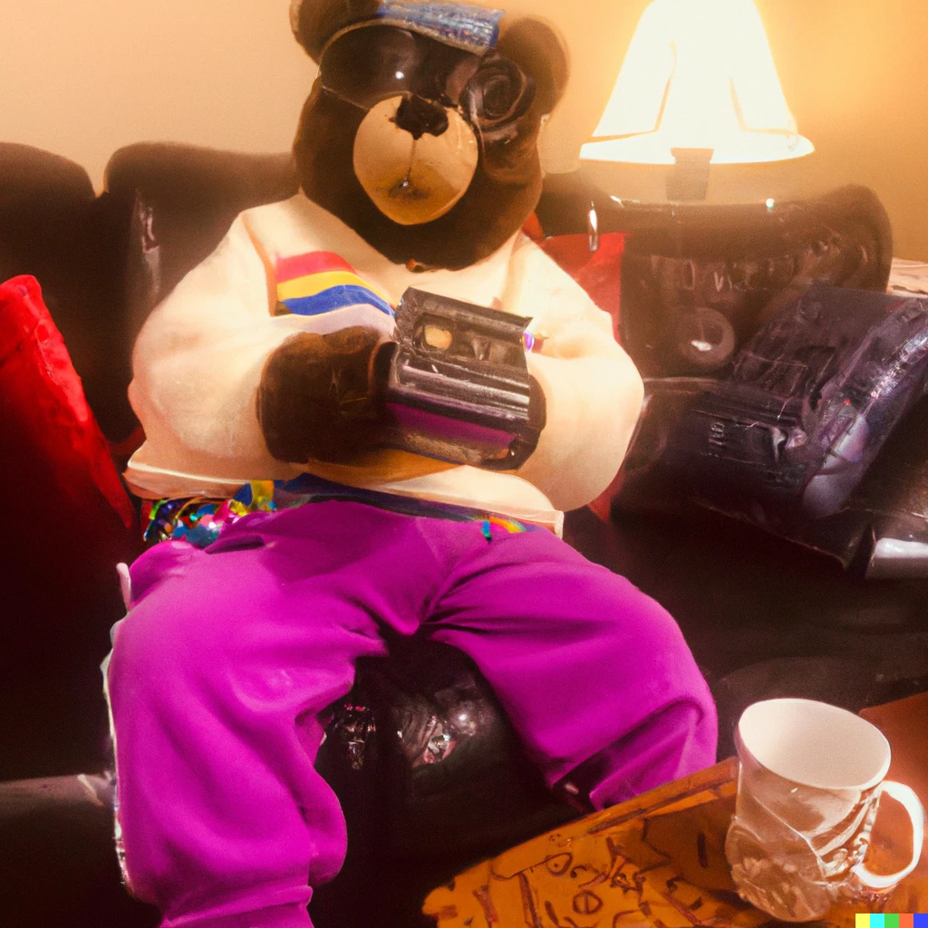 Prompt: A bear dressed in 90’s clothing watching movies in a lounge room