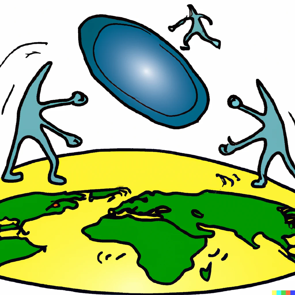 Prompt: A disk-shaped earth being used as a frisbee by giants