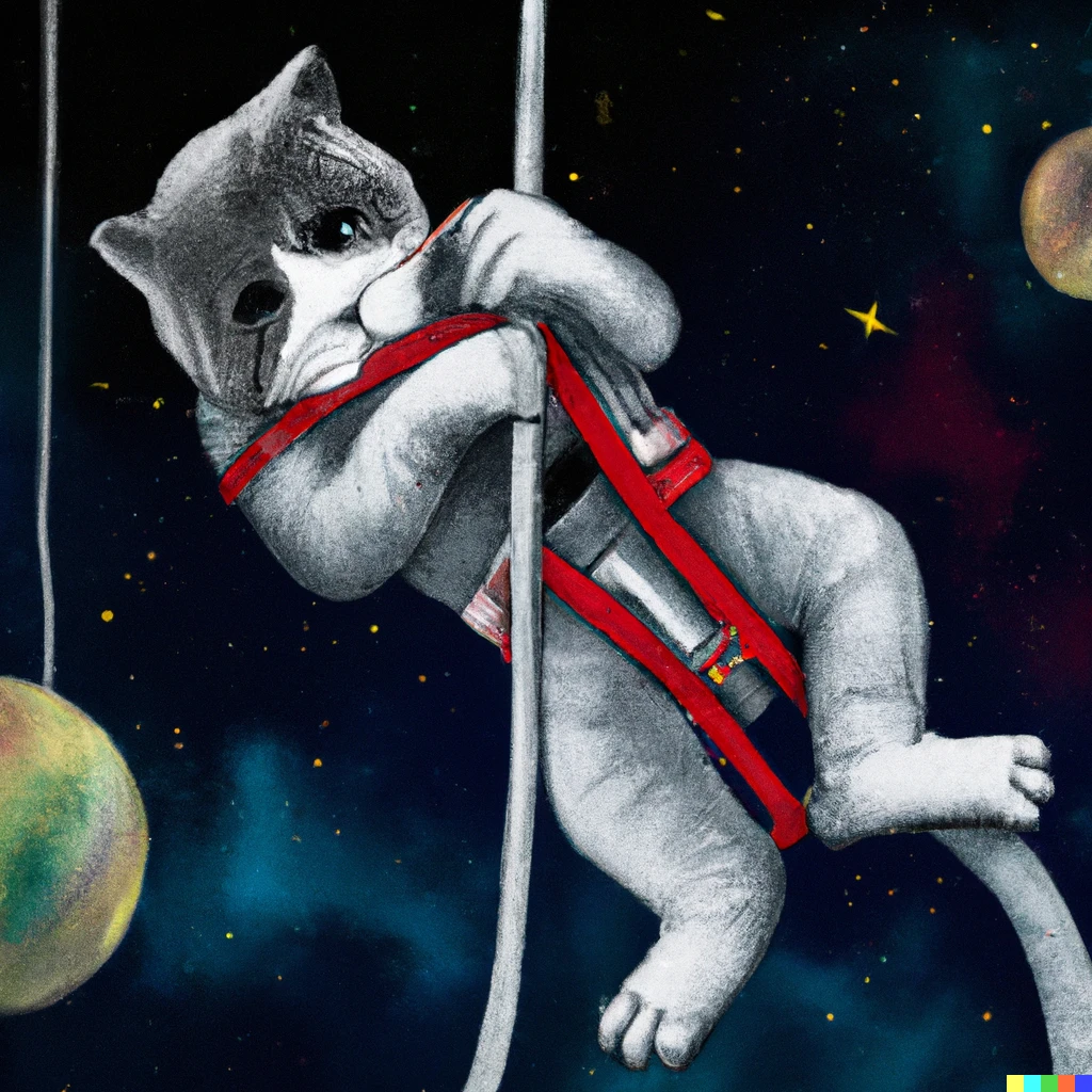 Prompt: cat wearing a space suit climbing a rope to the international space station