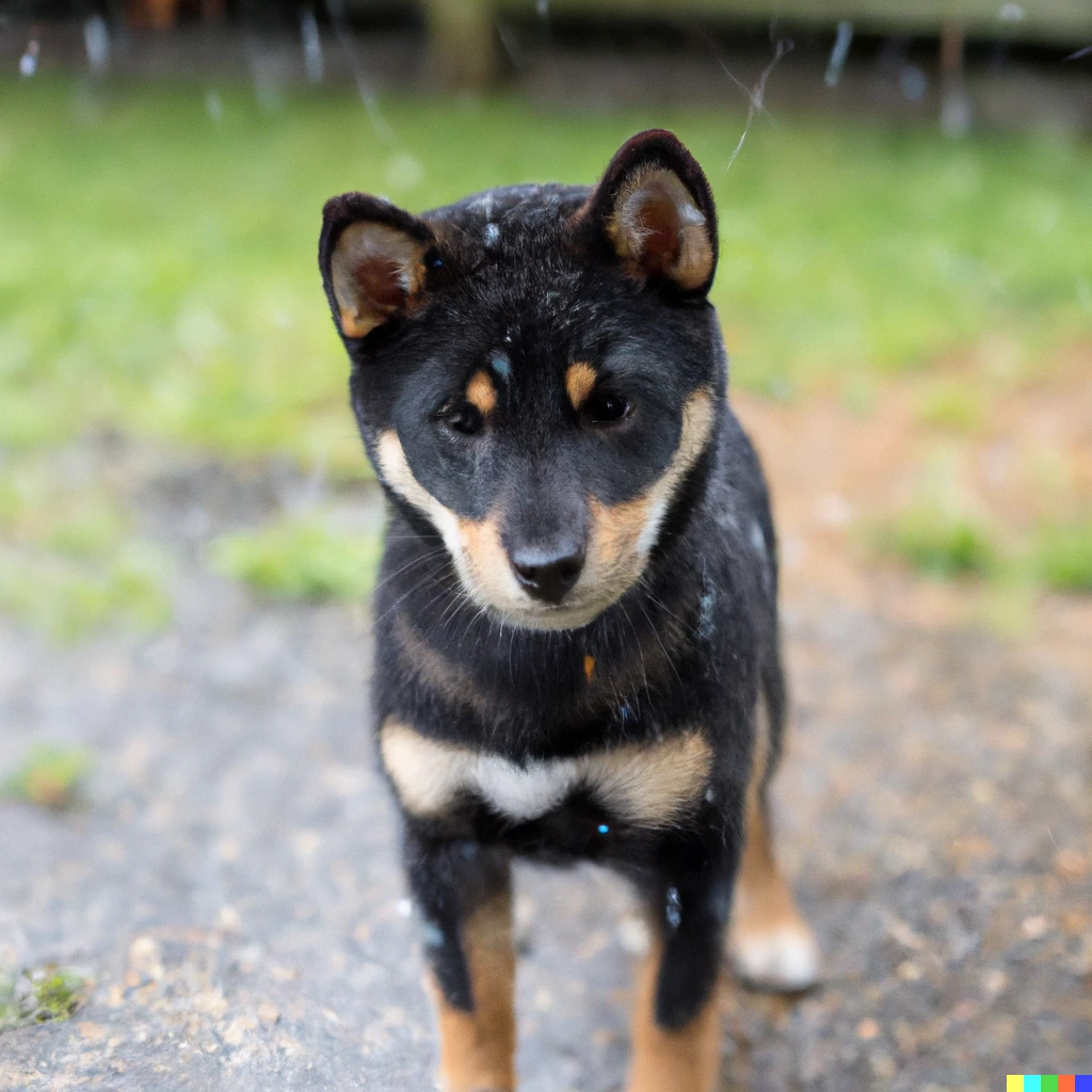 Prompt: A black and tan Shiba Inu puppy in the rain with a disappointed expression | 144