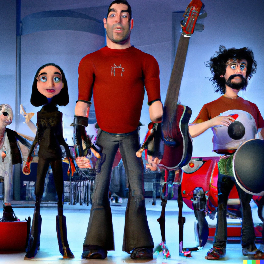 Prompt: The rock band System of a Down drawn as characters from the Disney movie "Big Hero 6" with realistic CGI