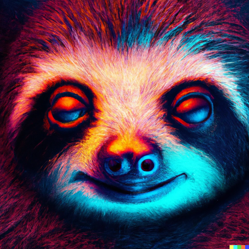 Prompt: A fluffy baby sloth with an evil smile looking directly into the camera, close up, highly detailed, studio lighting, light reflecting in its eyes, in synthwave style, digital art.