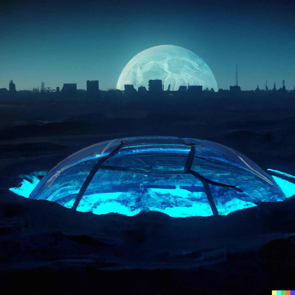 Prompt: A 3d render in Synthwave style depicting a crater on the moon with a glass dome containing a city. 