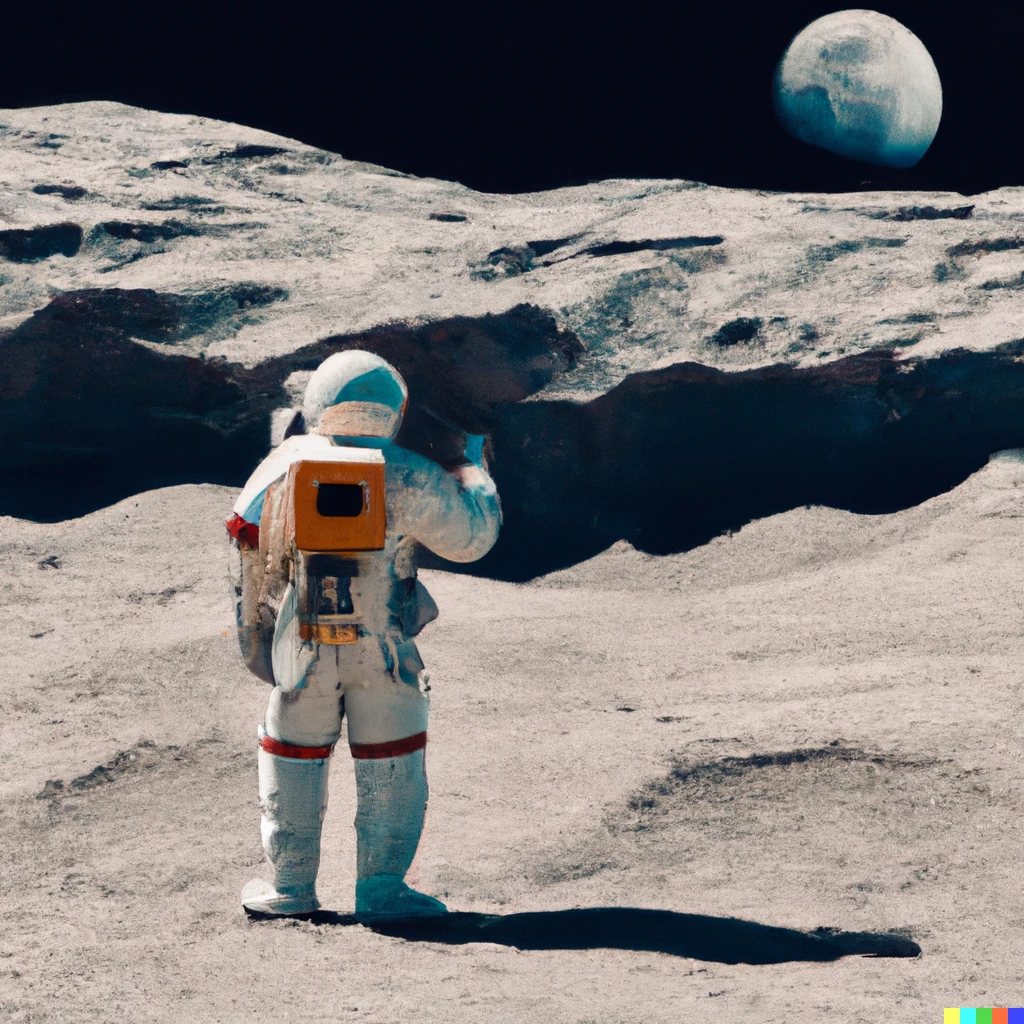Prompt: An astronaut holding up a cell phone looking for a signal. Standing on the moon’s surface which is sandy and rocky. We see the astronaut from behind. The astronaut is looking towards earth but only half of the earth is visible. Photo realistic but trippy. 