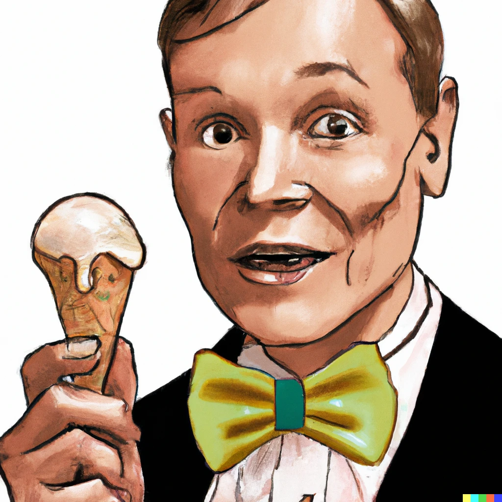 Prompt: a photorealistic image of Miro Heiskanen eating an ice cream cone while wearing a bow tie
