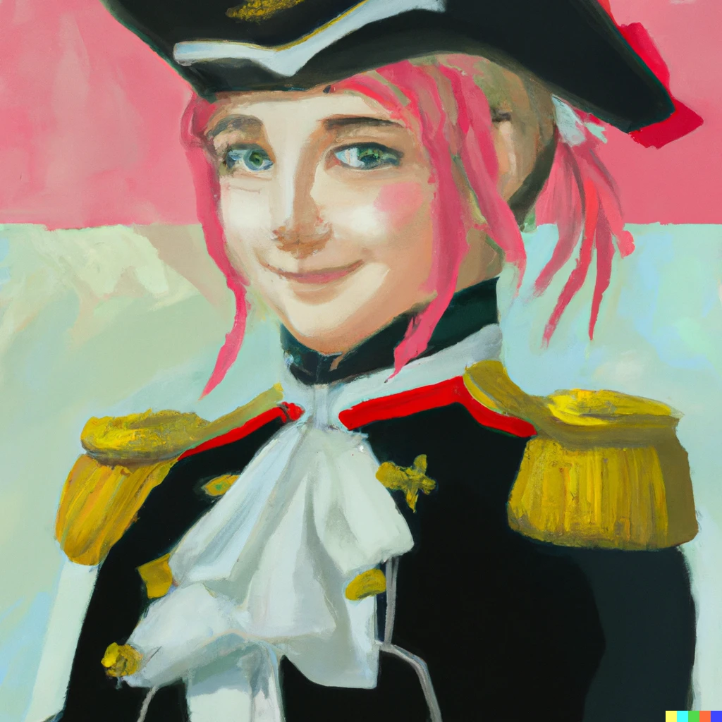 Prompt: Napoleon Bonaparte dressed up as the VTuber Amelia Watson, oil on canvas