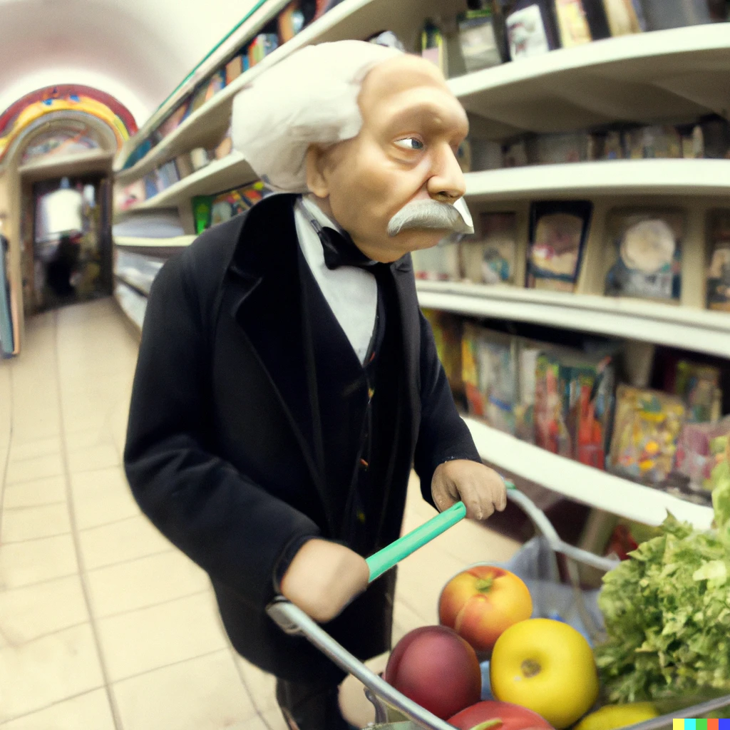 Prompt: Albert Einstein at the grocery in Paris , buying vegetables,pushing a trolley,  realistic photo