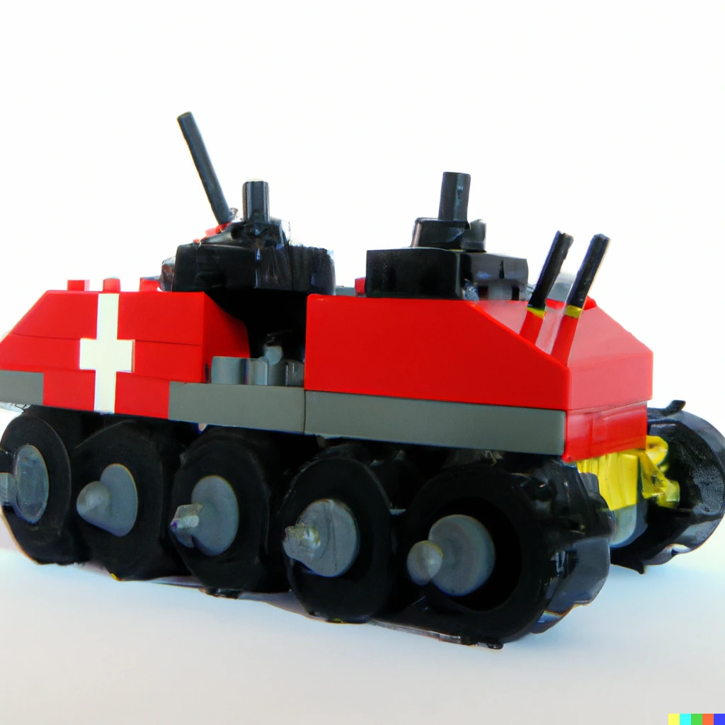 Prompt: a photo of a citroen 2CV with red cross signs mounted on tank caterpillar as a lego model
