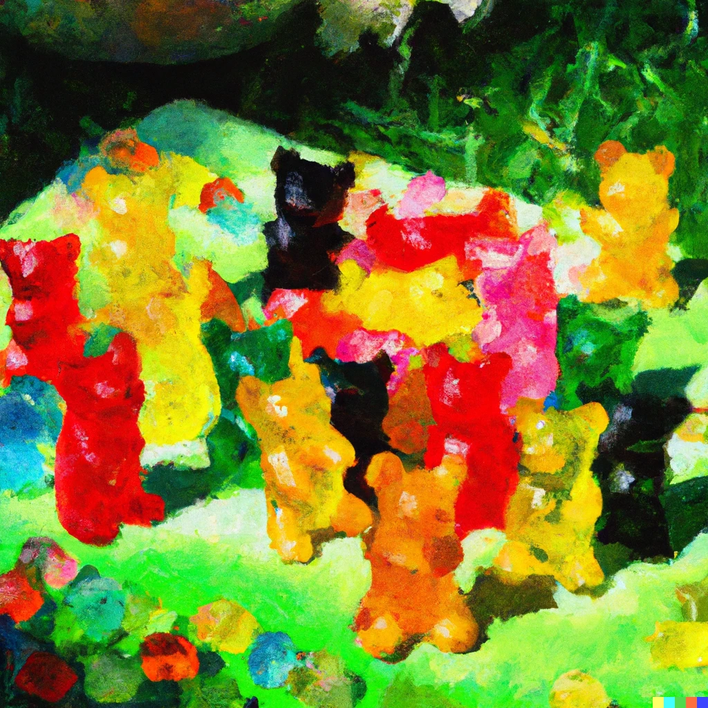Prompt: a painting in the style of impressionists showing gummy bears in the Déjeuner sur l'herbe
