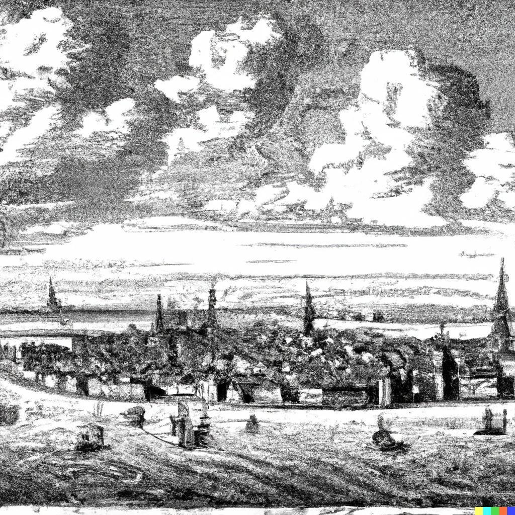 Prompt: a view of dunkirk from the sea, in the style of XVII century engraving