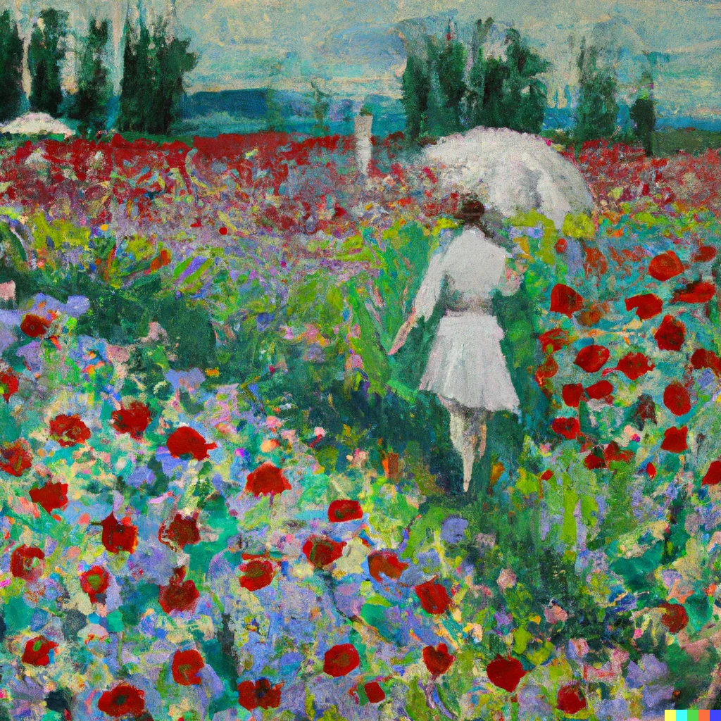 Prompt: a painting of afield of poppies with a lady with an umbrella in the background and a young girl walking in the foreground in the style of Claude Monet