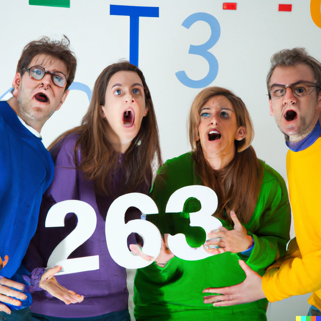 Prompt: a group of mathematicians very enthousiast for having found a new prime number, realistic photo