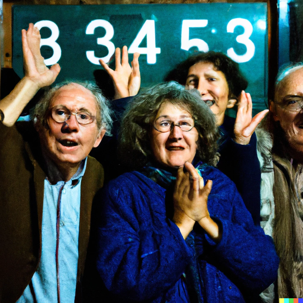 Prompt: a group of very old mathematicians very enthousiast for having found a new prime number with 20 digits, realistic photo