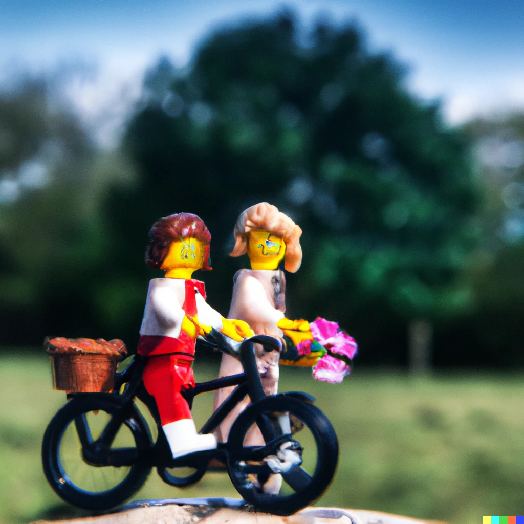 Prompt: a realistic photo of a couple of female lego minifigurines, one of them on a bicycle, in a country landscape, in the style of David Hamilton