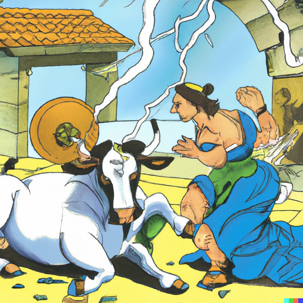 Prompt: Zeus turning Io into a heifer as a comic strip in the spirit of Hergé