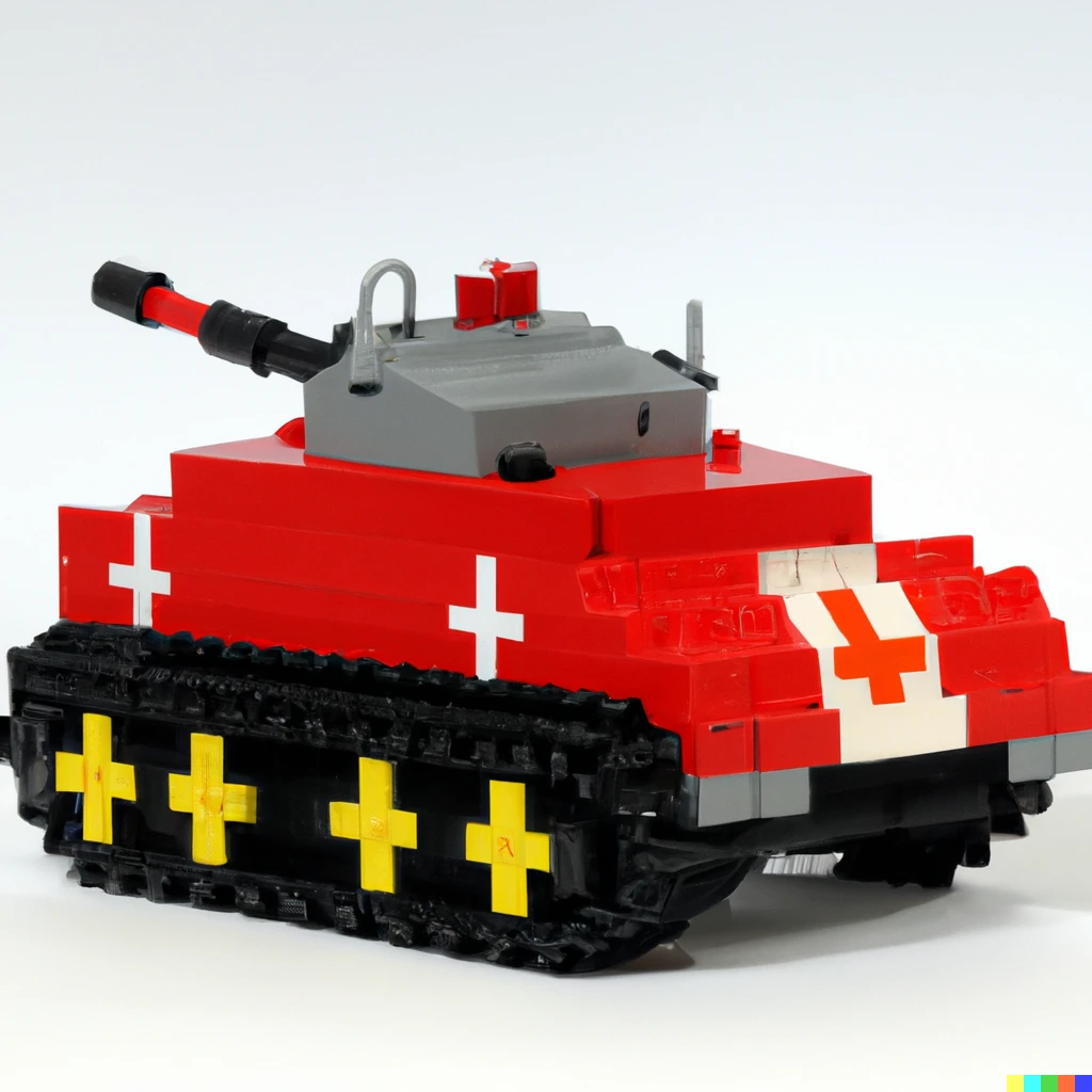 Prompt: a photo of a citroen 2CV with red cross signs mounted on tank caterpillar as a lego model