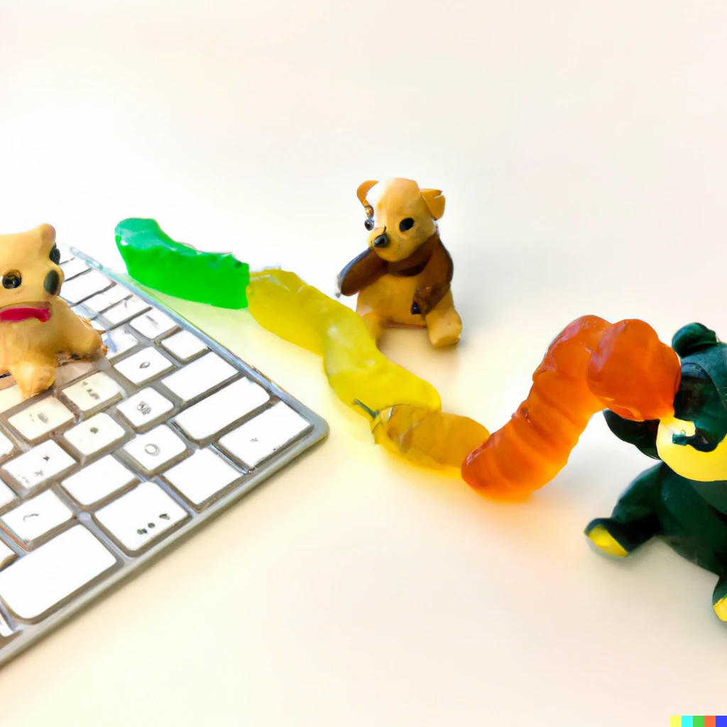 Prompt: a realistic photo gummy bear students learning python programming 