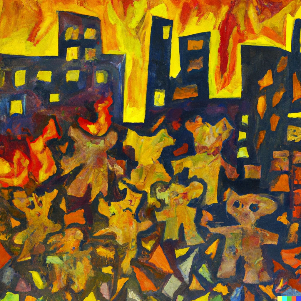Prompt: a painting of a crowd of teddy bears wandering in a city landscape in fire in the style of George Braque
