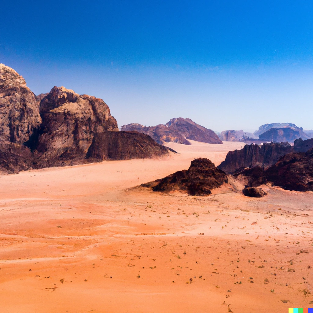 Prompt: Wadi Rum, known also as Valley of the Moon, a valley cut into sandstone and granite rock in southern Jordan, realistic photo taken from a low altitude drone