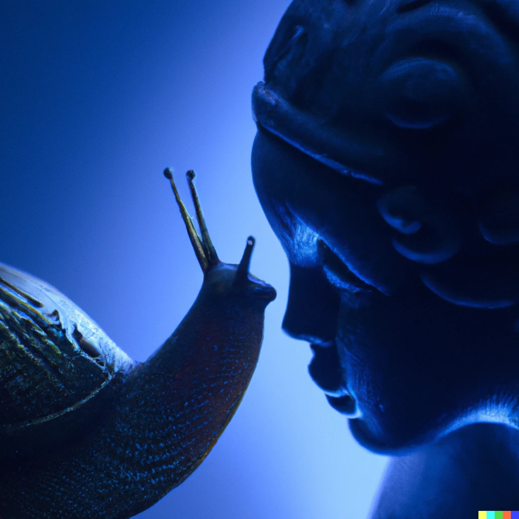 Prompt: a mix of a woman and a snail, bronze sculpture, lighted by a spot in an empty blue room, macro realistic photo