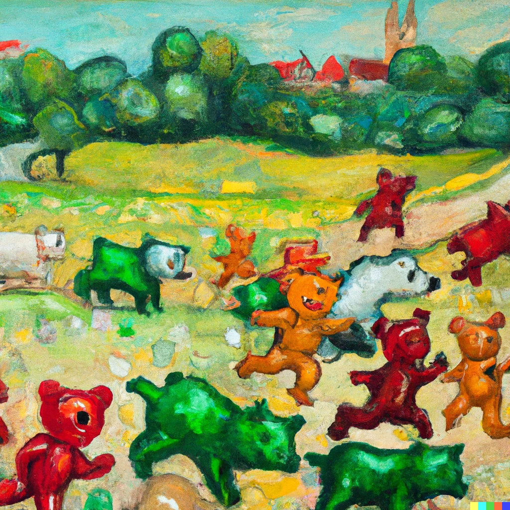 Prompt: a painting of gummy bears running in the country side in the spirit of Peter Brueghel's Dulle Griet