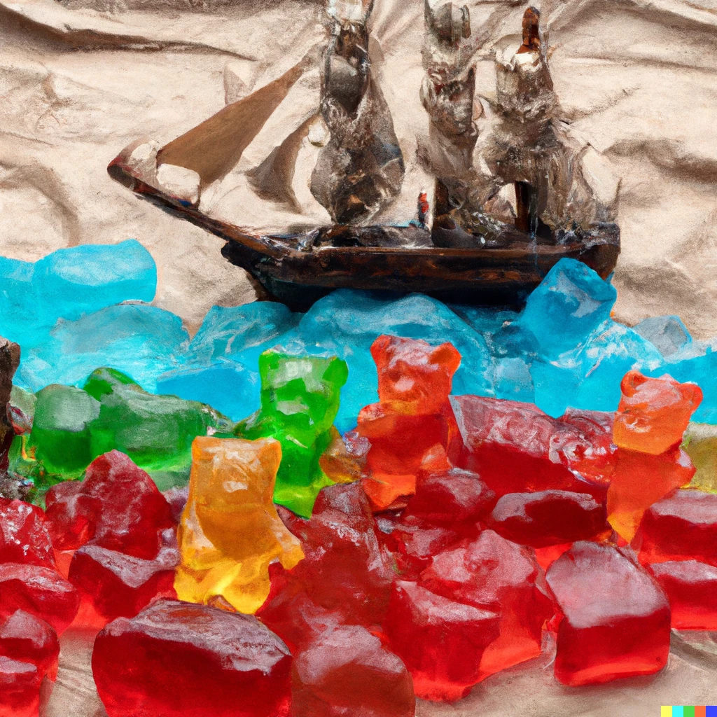 Prompt: a realistic photo of gummy bears in three caravels discovering america, with indians waiting them on the shore