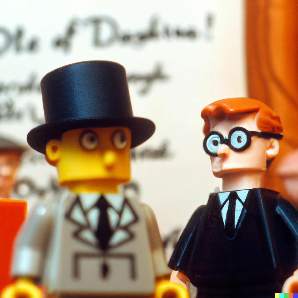 Prompt: a realistic photo of david hilbert wearing his famous hat very disappointed when he hear about Gödel proof of incompletness, with Kurt Gödel in the back making fun of david hilbert,   as a lego model