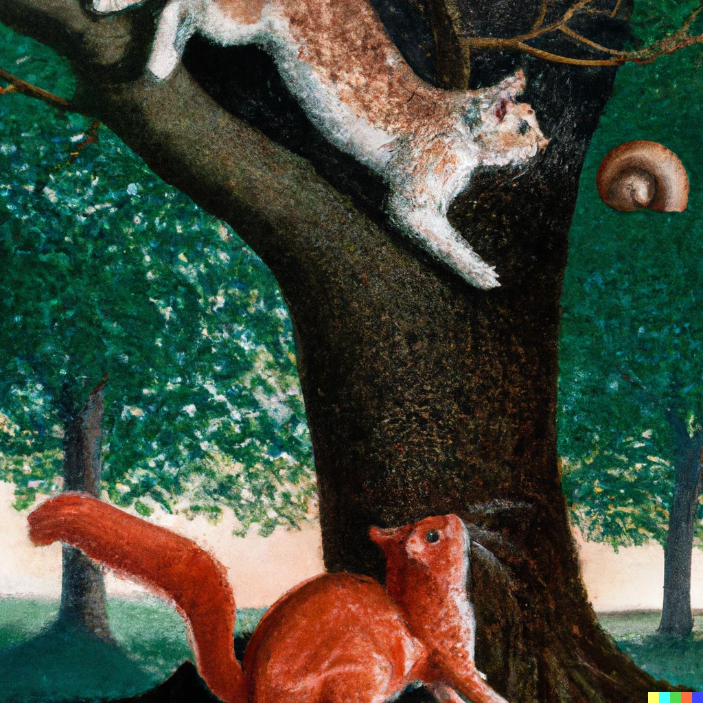 Prompt: Gustave Courbet Style painting of two cats, different colors, chasing a red squirrel up an elm tree. 