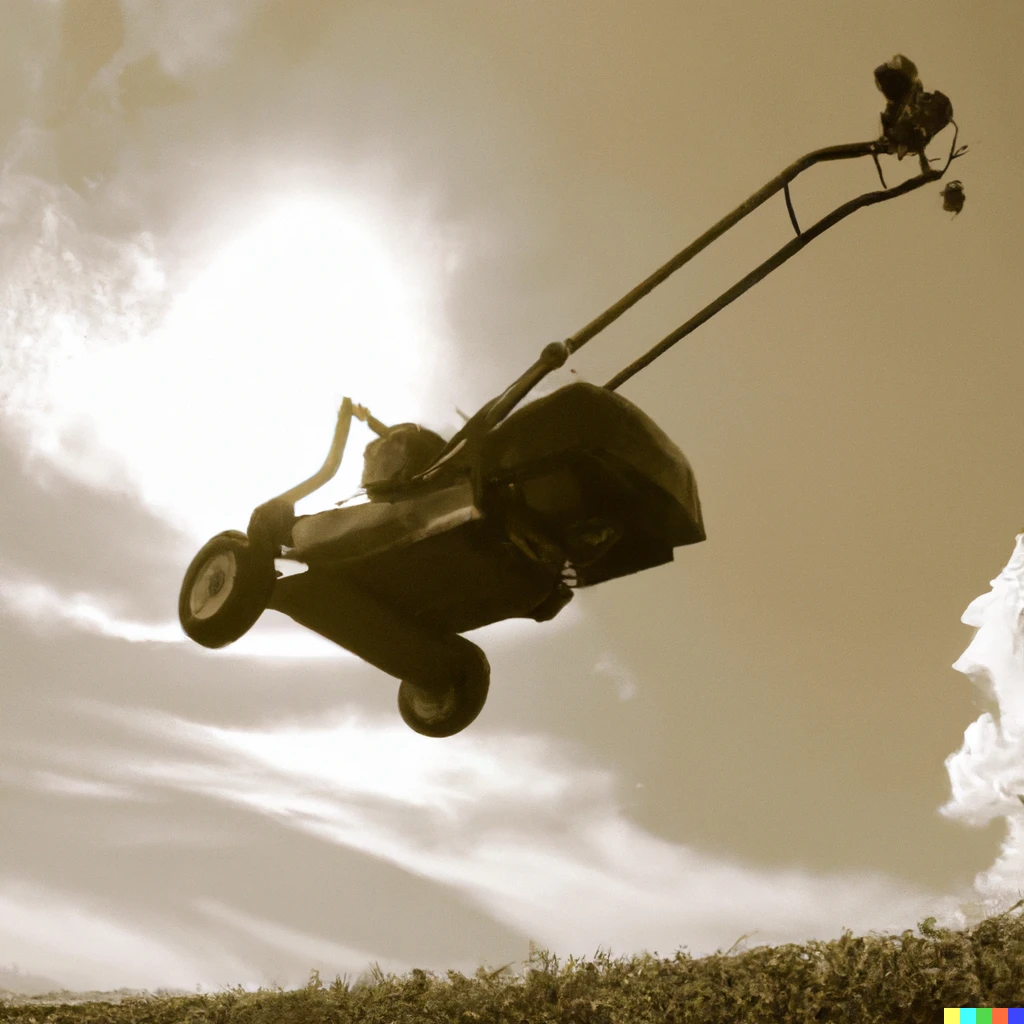 Prompt: Push lawn mower gracefully gliding across the sky, sepia photograph