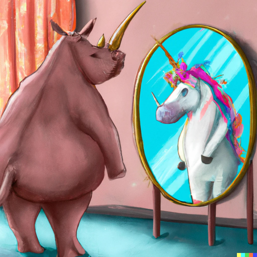 Prompt: Fat unicorn looking in a mirror and seeing a rhino, digital art